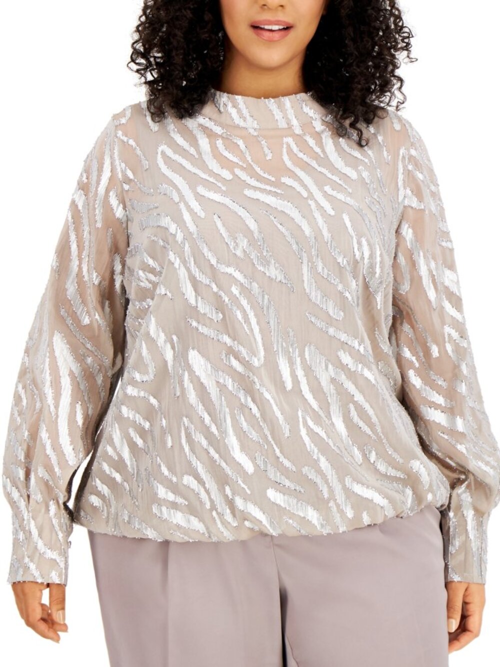 NWT Alfani Womens Plus Size 2X Silver Mock Neck Abstract Jacquard Bubble Top NEW